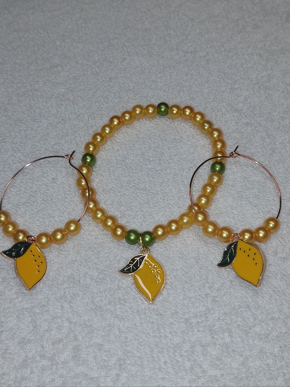 Handmade Yellow Lemon Charm Beaded Bracelet and Hoop Earrings Set